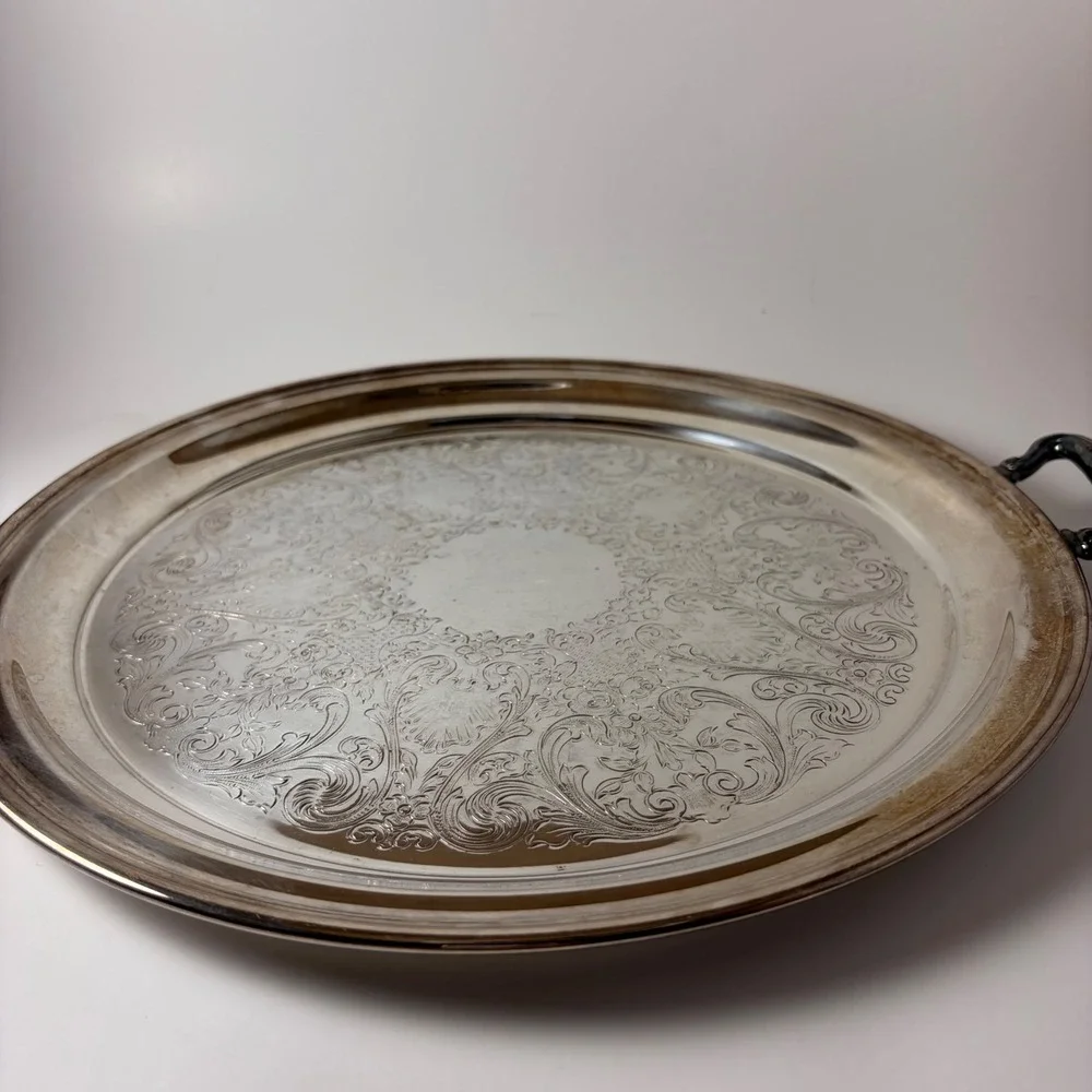 Sheridan Silverplate Round Serving Tray Etched Floral Design with Handles 12in